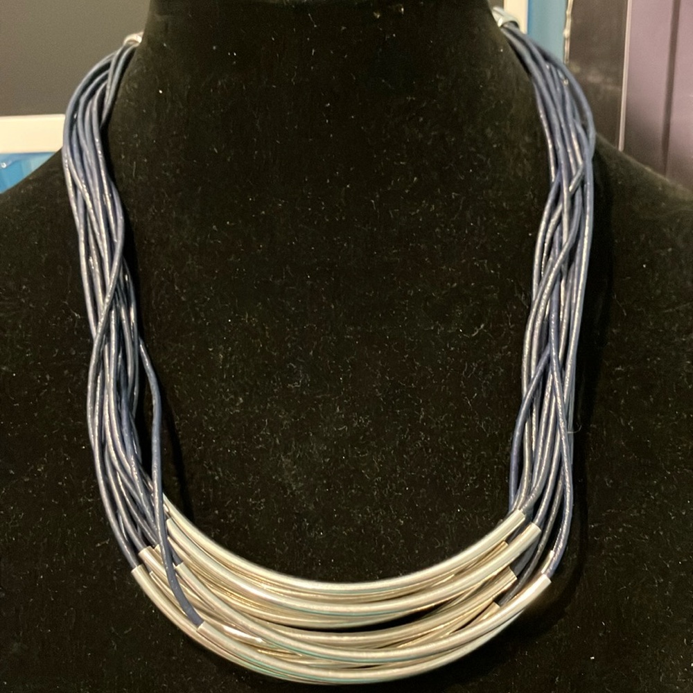 Chico’s Necklace Silver Tone and Navy Blue Cord Adjustable